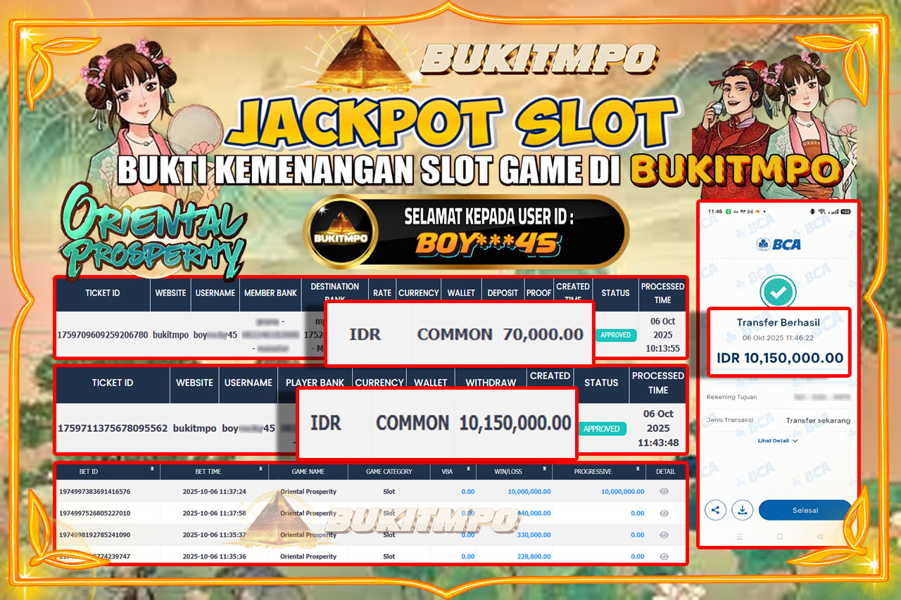 BUKITMPO JACKPOT ORIENTAL PROSPERITY - PG SOFT Rp.10.150.000,- LUNAS